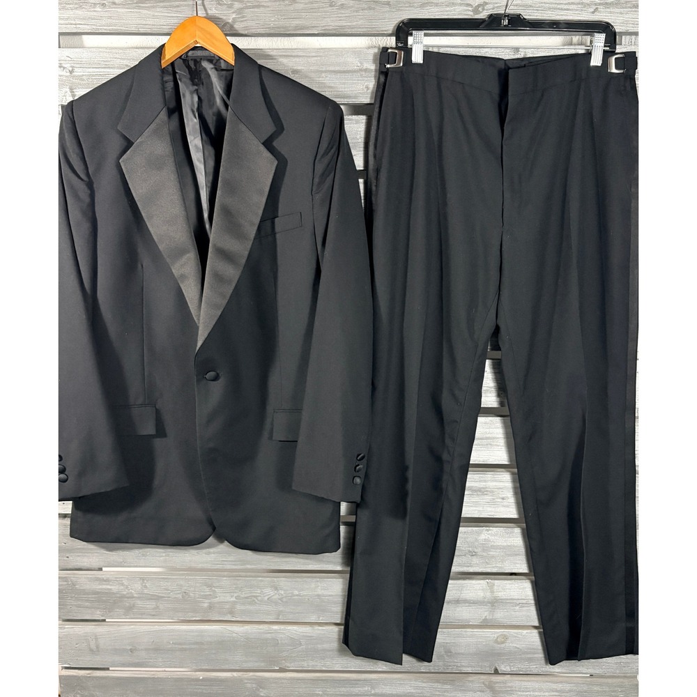 Vintage 70s 80s After Six Black Wool Tuxedo Blazer Jacket / Pants Suit 44L Mens